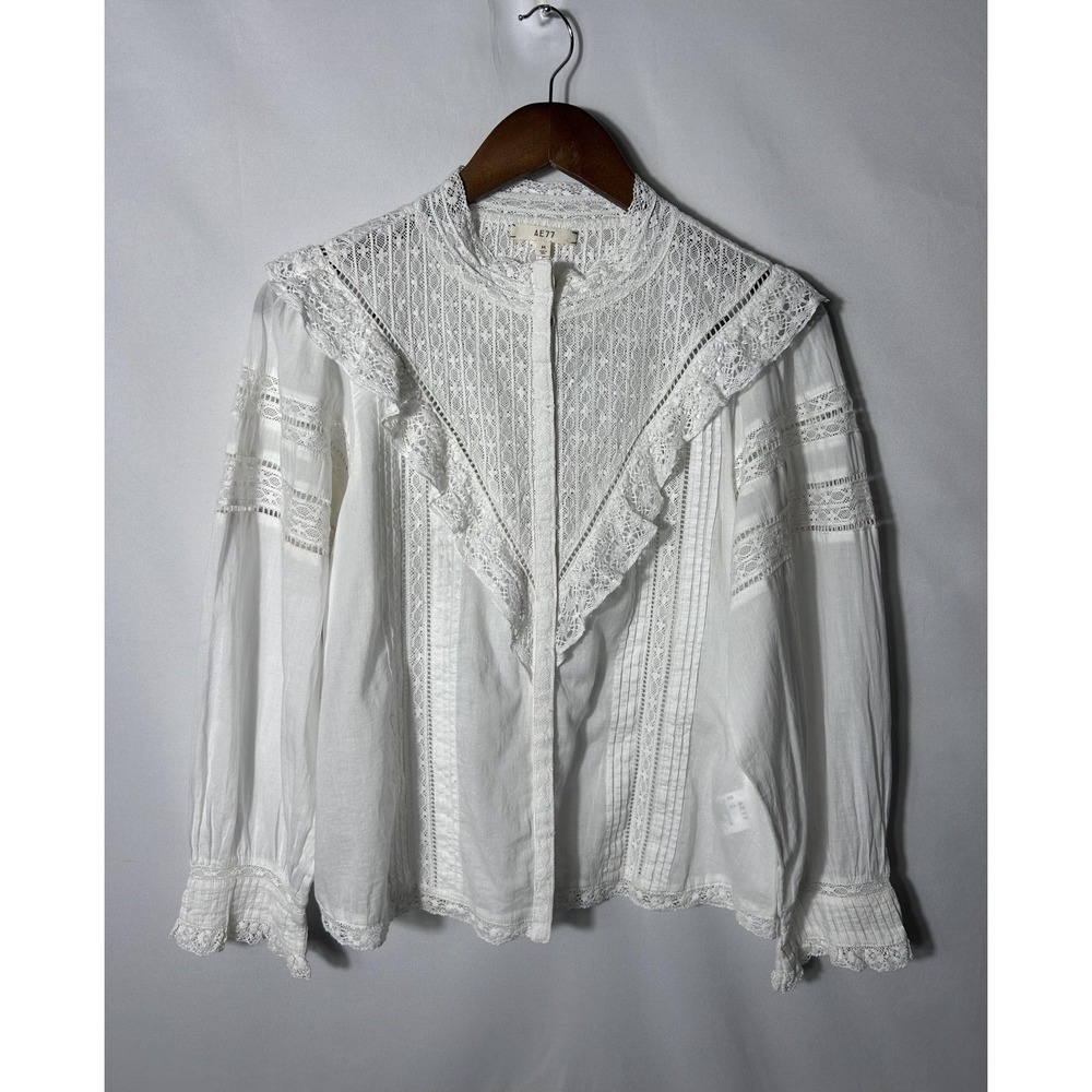 AE77 Blouse Womens Medium White Lace High Neck Ruffle Long Sleeve Boho Victorian